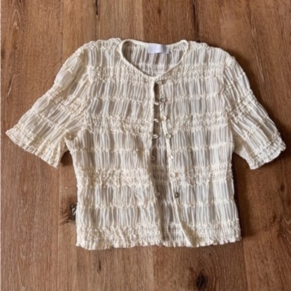 Isalis Cream Textured Smocked Button Down Cardigan Short Sleeve Top size small